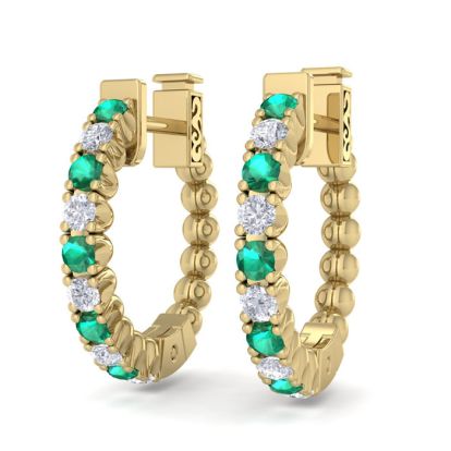 1/2 Carat Emerald and Diamond Hoop Earrings In 14 Karat Yellow Gold, 1/2 Inch