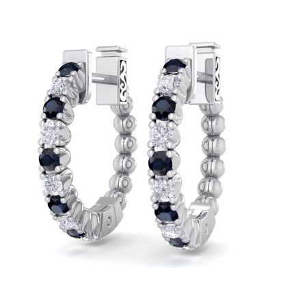1/2 Carat Sapphire and Diamond Hoop Earrings In 14 Karat White Gold, 1/2 Inch