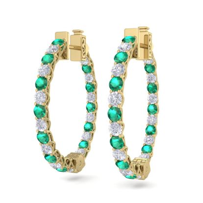 3 Carat Emerald and Diamond Hoop Earrings In 14 Karat Yellow Gold, 3/4 Inch
