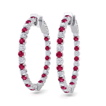 5 Carat Ruby and Diamond Hoop Earrings In 14 Karat White Gold, 1 1/4 Inch