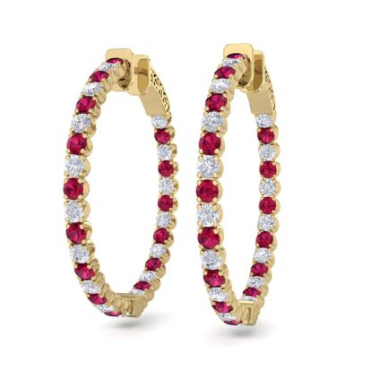 5 Carat Ruby and Diamond Hoop Earrings In 14 Karat Yellow Gold, 1 1/4 Inch