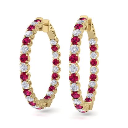 5 Carat Ruby and Diamond Hoop Earrings In 14 Karat Yellow Gold, 1 1/2 Inches
