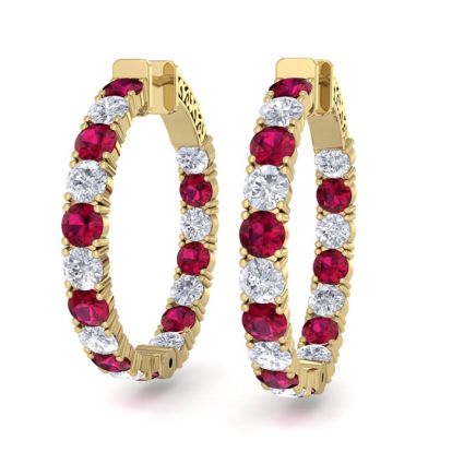 7 Carat Ruby and Diamond Hoop Earrings In 14 Karat Yellow Gold, 1 1/4 Inch