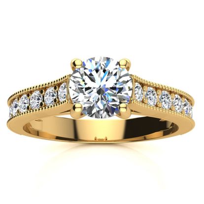 Moissanite Engagement Ring; 1 1/2 Carat Round Shape Moissanite Engagement Ring In 14 Karat Yellow Gold