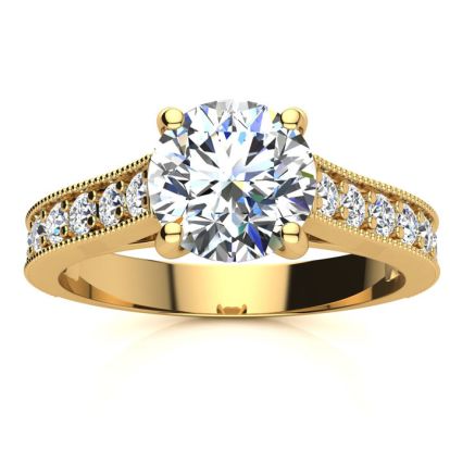 Moissanite Engagement Ring; 2 Carat Round Shape Moissanite Engagement Ring In 14 Karat Yellow Gold