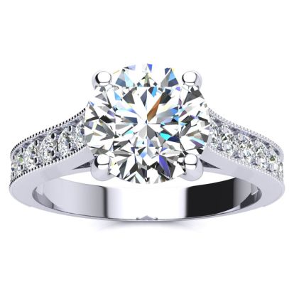 Moissanite Engagement Ring; 2 1/2 Carat Round Shape Moissanite Engagement Ring In 14 Karat White Gold