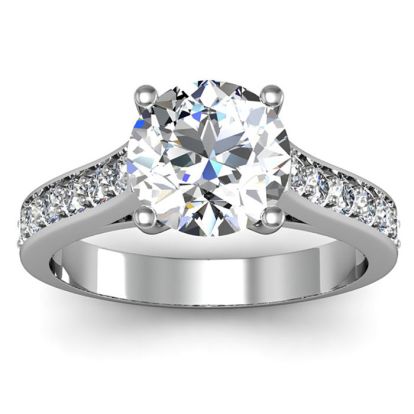 Moissanite Engagement Ring; 2 1/2 Carat Round Shape Moissanite Engagement Ring In 14 Karat White Gold
