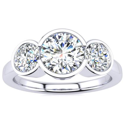 Moissanite Engagement Ring; 2 1/4 Carat Bezel Set Three Stone Moissanite Ring In 14 Karat White Gold