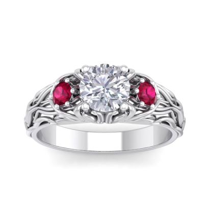 Moissanite Engagement Ring; 1 1/4 Carat Round Shape Moissanite and Ruby Intricate Vine Engagement Ring In 14 Karat White Gold