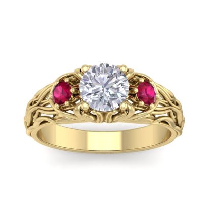 Moissanite Engagement Ring; 1 1/4 Carat Round Shape Moissanite and Ruby Intricate Vine Engagement Ring In 14 Karat Yellow Gold