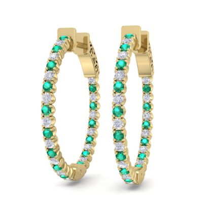 1 Carat Emerald and Diamond Hoop Earrings In 14 Karat Yellow Gold, 3/4 Inch