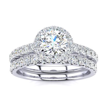 Moissanite Engagement Ring; 1/2 Carat Round Moissanite Halo Bridal Set In 14 Karat White Gold