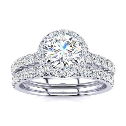 Moissanite Engagement Ring; 1 1/2 Carat Round Moissanite Halo Bridal Set In 14 Karat White Gold