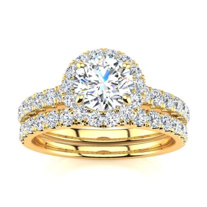 Moissanite Engagement Ring; 1 1/2 Carat Round Moissanite Halo Bridal Set In 14 Karat Yellow Gold