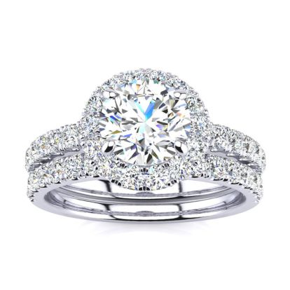 Moissanite Engagement Ring; 2 Carat Round Moissanite Halo Bridal Set In 14 Karat White Gold