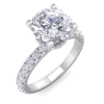 Moissanite Engagement Ring; 2 1/2 Carat Round Shape Hidden Halo Moissanite Engagement Ring In 14 Karat White Gold