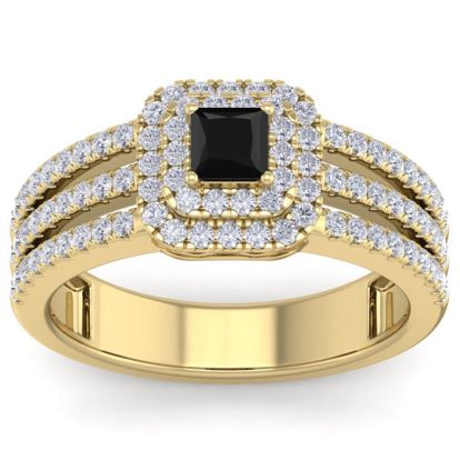 1 Carat Princess Shape Double Halo Black and White Diamond Engagement Ring In 14 Karat Yellow Gold