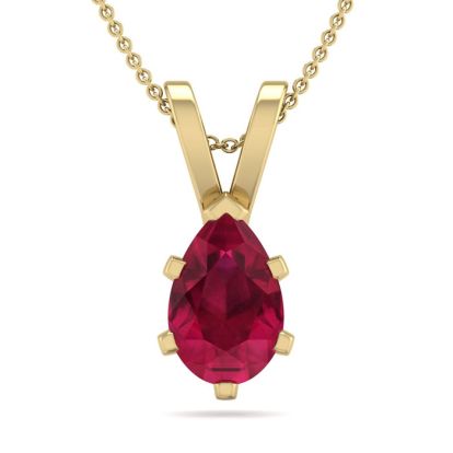 1 Carat Pear Shape Ruby Necklace In 14K Yellow Gold Over Sterling Silver, 18 Inches