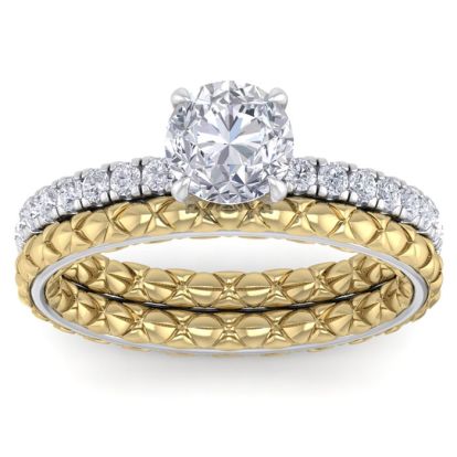 Moissanite Engagement Ring; 1 1/2 Carat Round Shape Moissanite Bridal Set In Quilted 14 Karat White and Yellow Gold