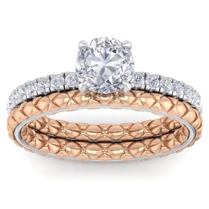Moissanite Engagement Ring; 1 1/2 Carat Round Shape Moissanite Bridal Set In Quilted 14 Karat White and Rose Gold