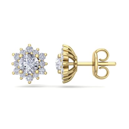 1 Carat Round Shape Flower Halo Diamond Stud Earrings In 14 Karat Yellow Gold