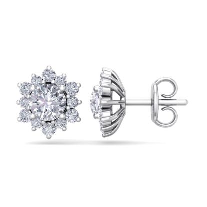 1 1/2 Carat Round Shape Flower Halo Diamond Stud Earrings In 14 Karat White Gold