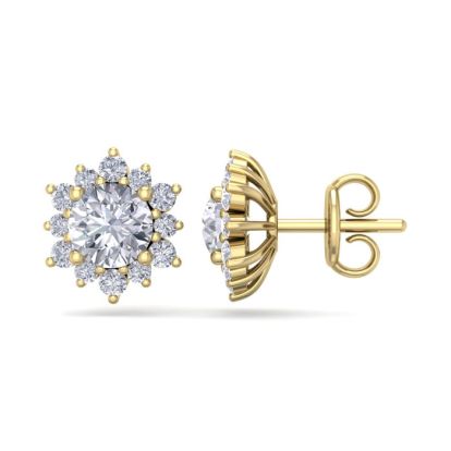 2 Carat Round Shape Flower Halo Diamond Stud Earrings In 14 Karat Yellow Gold