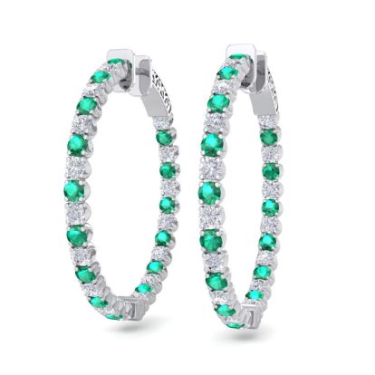 5 Carat Emerald and Diamond Hoop Earrings In 14 Karat White Gold, 1 1/4 Inch