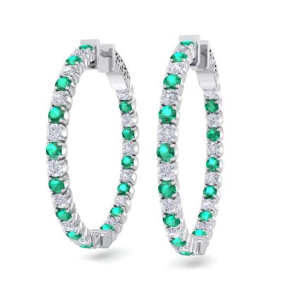 3 1/2 Carat Emerald and Diamond Hoop Earrings In 14 Karat White Gold, 1 Inch