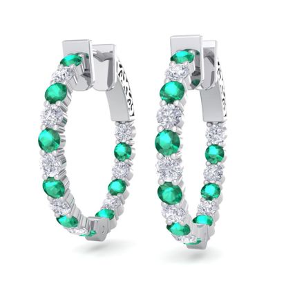 2 Carat Emerald and Diamond Hoop Earrings In 14 Karat White Gold, 3/4 Inch