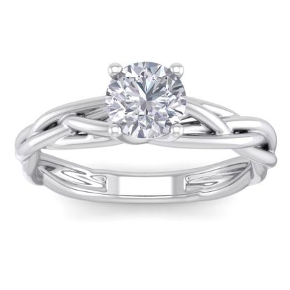 Moissanite Engagement Ring; 1 Carat Round Moissanite Solitaire Intricate Vine Engagement Ring With Tapered Band In 14 Karat White Gold