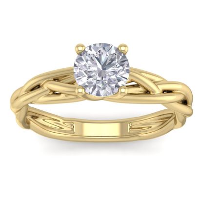Moissanite Engagement Ring; 1 Carat Round Moissanite Solitaire Intricate Vine Engagement Ring With Tapered Band In 14 Karat Yellow Gold