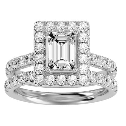 3 Carat Emerald Cut Halo Diamond Bridal Set In 14 Karat White Gold
