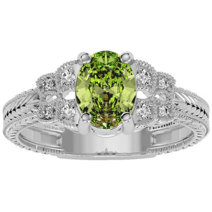 1 1/2 Carat Oval Shape Peridot and Diamond Ring In 10 Karat White Gold