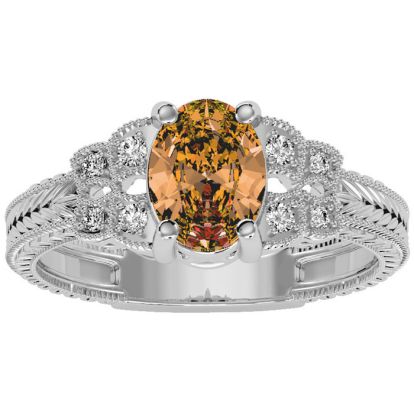 1 Carat Oval Shape Citrine and Diamond Ring In 10 Karat White Gold