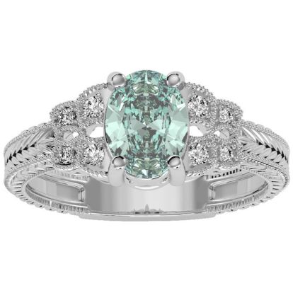 1 Carat Oval Shape Green Amethyst and Diamond Ring In 10 Karat White Gold