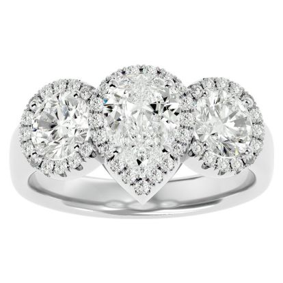 2 1/2 Carat Pear Shape Halo Diamond Three Stone Ring In 14 Karat White Gold