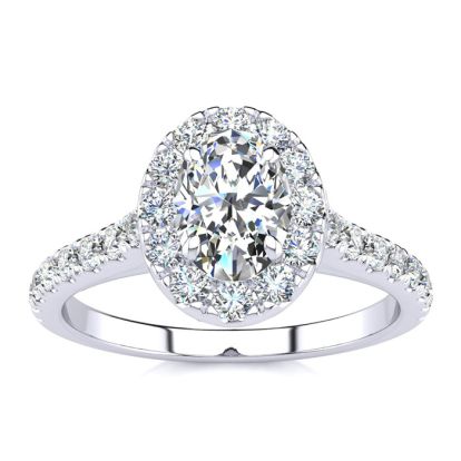 Moissanite Engagement Ring; 1 Carat Oval Shape Halo Moissanite Engagement Ring in 14 Karat White Gold