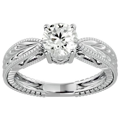 Moissanite Engagement Ring; 1 Carat Moissanite Solitaire Engagement Ring with Tapered Etched Band In 14 Karat White Gold