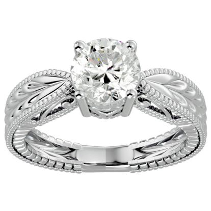 Moissanite Engagement Ring; 1 1/2 Carat Moissanite Solitaire Engagement Ring with Tapered Etched Band In 14 Karat White Gold