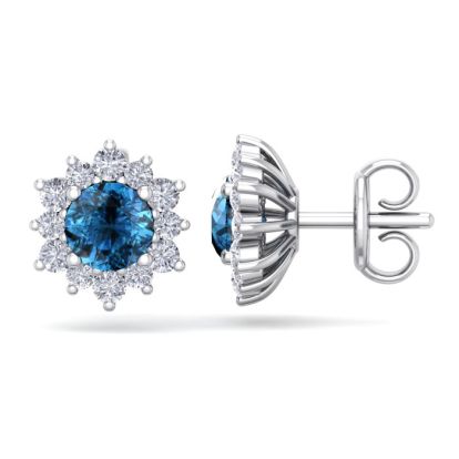1 1/2 Carat Round Shape Flower Blue Diamond Halo Stud Earrings In 14 Karat White Gold