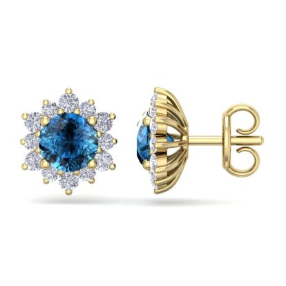 2 Carat Round Shape Flower Blue Diamond Halo Stud Earrings In 14 Karat Yellow Gold
