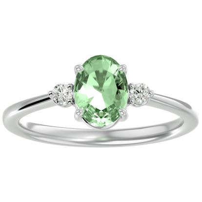 1.15 Carat Oval Shape Green Amethyst and Two Diamond Ring In 14 Karat White Gold