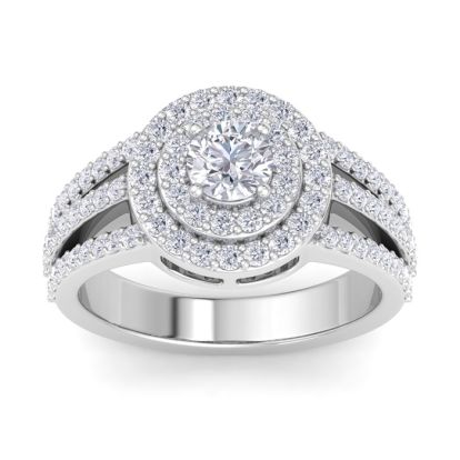 Moissanite Engagement Ring; 1 Carat Moissanite Double Halo Engagement Ring In 14 Karat White Gold