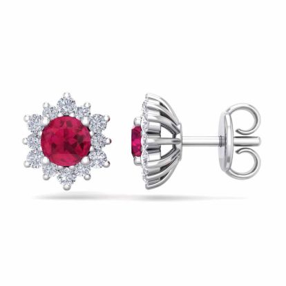 1 Carat Round Shape Flower Ruby and Diamond Halo Stud Earrings In 14 Karat White Gold