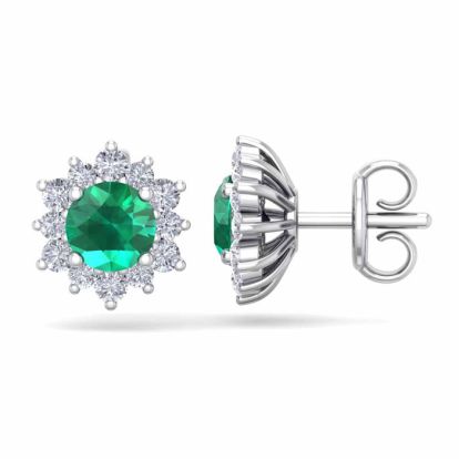 1 1/2 Carat Round Shape Flower Emerald and Diamond Halo Stud Earrings In 14 Karat White Gold