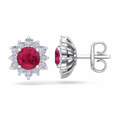 1 1/2 Carat Round Shape Flower Ruby and Diamond Halo Stud Earrings In 14 Karat White Gold