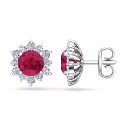 2 Carat Round Shape Flower Ruby and Diamond Halo Stud Earrings In 14 Karat White Gold
