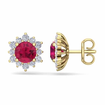 2 Carat Round Shape Flower Ruby and Diamond Halo Stud Earrings In 14 Karat Yellow Gold