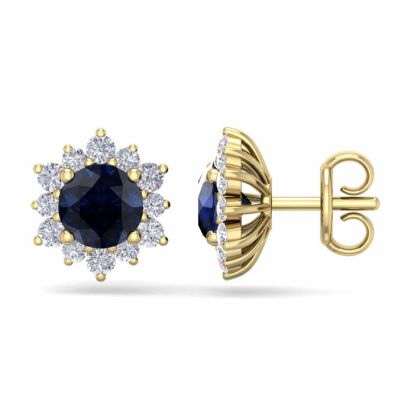 2 Carat Round Shape Flower Sapphire and Diamond Halo Stud Earrings In 14 Karat Yellow Gold